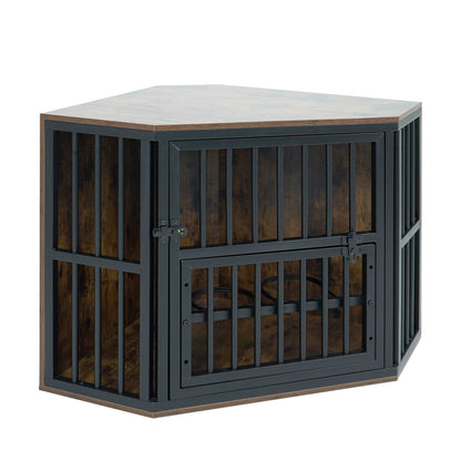 Wooden Dog Crate End Table with Adjustable Bowl Rack 35.5"