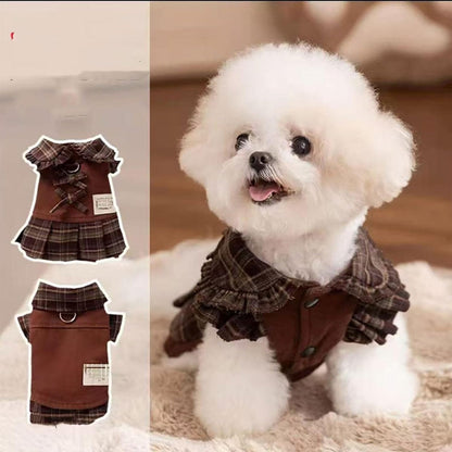 Autumn And Winter Dog Skirts With Check Patterns For Warmth, Cat Teddy Bichon Frise, High-end Custom Pet Clothing For Small And Medium-sized Dogs