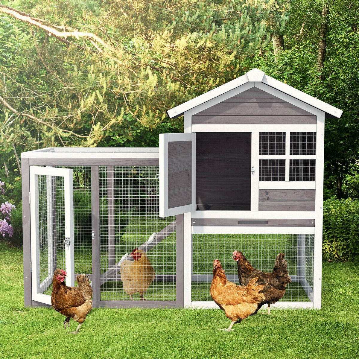 2-Story Wooden Rabbit Hutch with Running Area