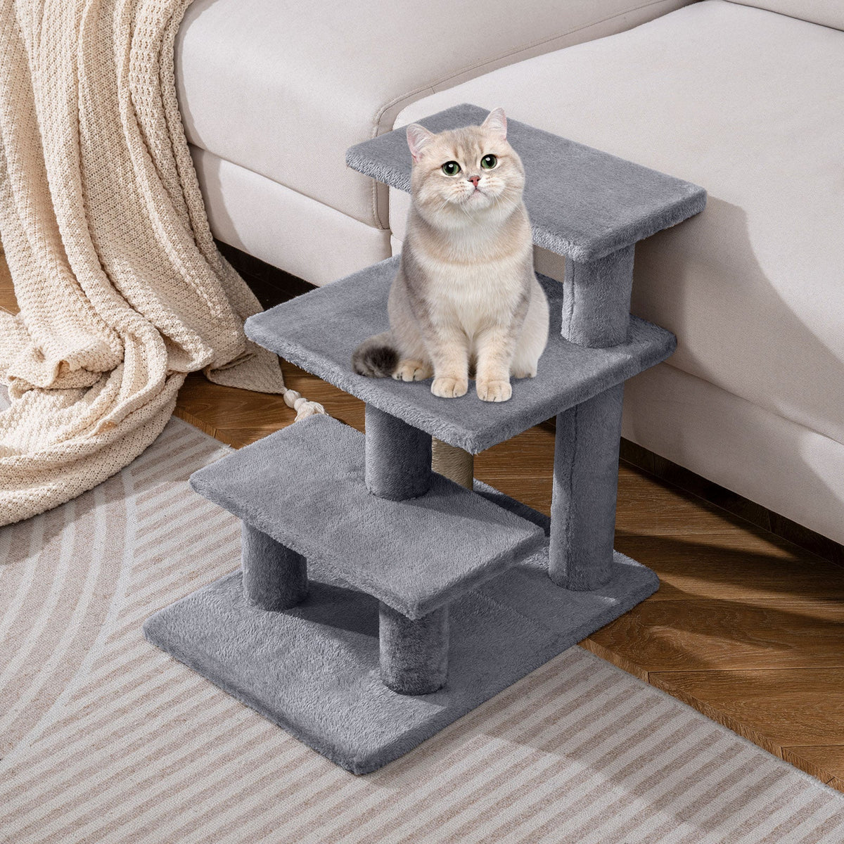 3-Tier Cat Stairs 19 Inch Plush Steps with Scratching Posts for High Bed Sofa-Gray