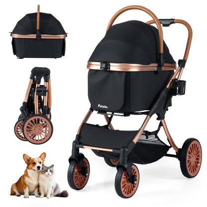 3-in-1 Foldable Pet Stroller with Sun Shade and Safety Belt for up to 55 lbs Small Medium Dogs Cats-Black