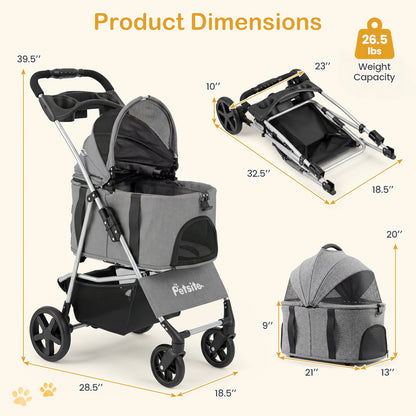 3-in-1 Foldable Pet Stroller for Small to Medium Dogs