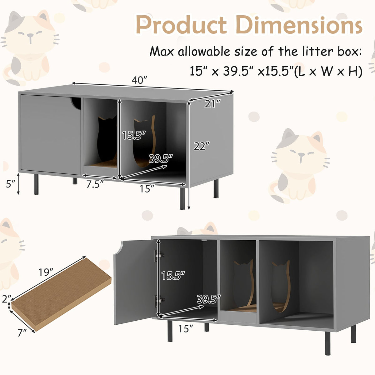 40 Inch Cat Litter Box Enclosure for 2 Cats Hidden Cat Washroom