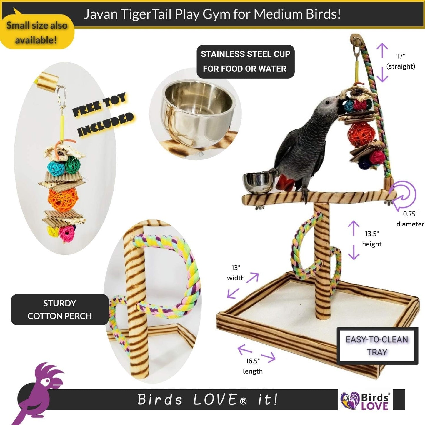 Bird Play Gym Tabletop W Cup, Toy Hanger and Toy,  Javan Tigertail Stand- Large