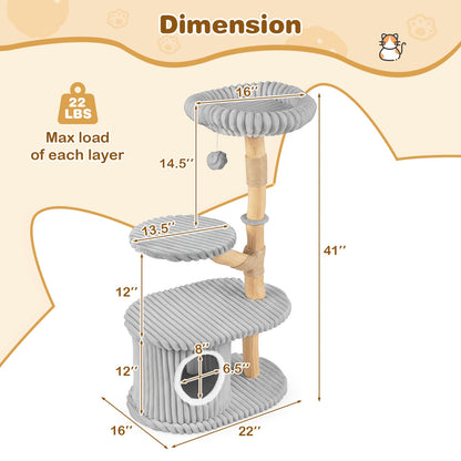 41-Inch Cat Tower with Real Wood Branches & Scratching Posts