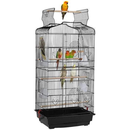 41''H Open Top Metal Birdcage with Slide-Out Tray and Feeders, Black