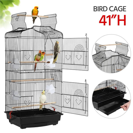 41''H Open Top Metal Birdcage with Slide-Out Tray and Feeders, Black