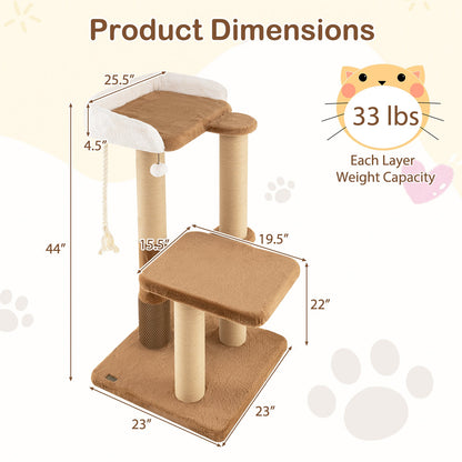 44 Inches Modern Cat Tree for Indoor Cats with Plush Padded Perch and Dangling Ball-Coffee