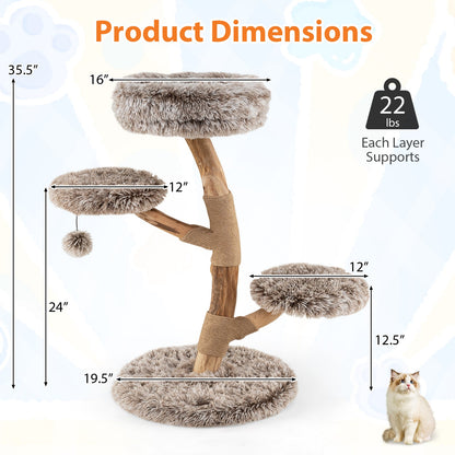 Cat Tree Solid Pear Wood with Perch and Natural Jute Scratching Posts-Brown