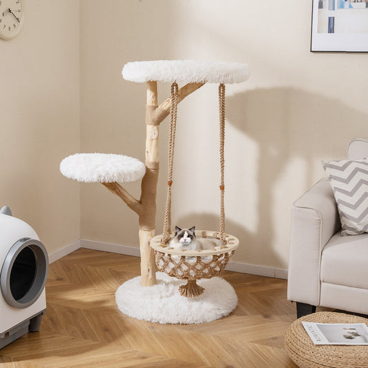 48.5 Inch Solid Wood Cat Tree with Hanging Cradle and Jute Scratching Post-White