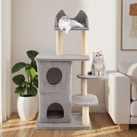 48.5 inch Cat Tree with 2-story Condo and 3 Hideaway Caves for Large Cats-Gray