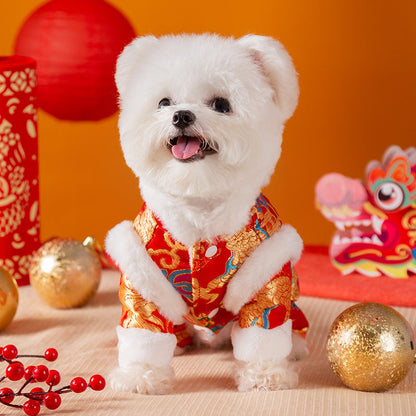 Autumn And Winter Xiangyun Jinlong Dog New Year Four-legged Cotton Coat, Tang Suit, Warm And Thick Pet New Year Dog Clothes