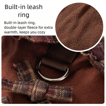Cozy Brown Plaid Pet Sweater Dress - Fleece-Lined Dog Skirt And Cat Winter Clothes With Ruffle Trim
