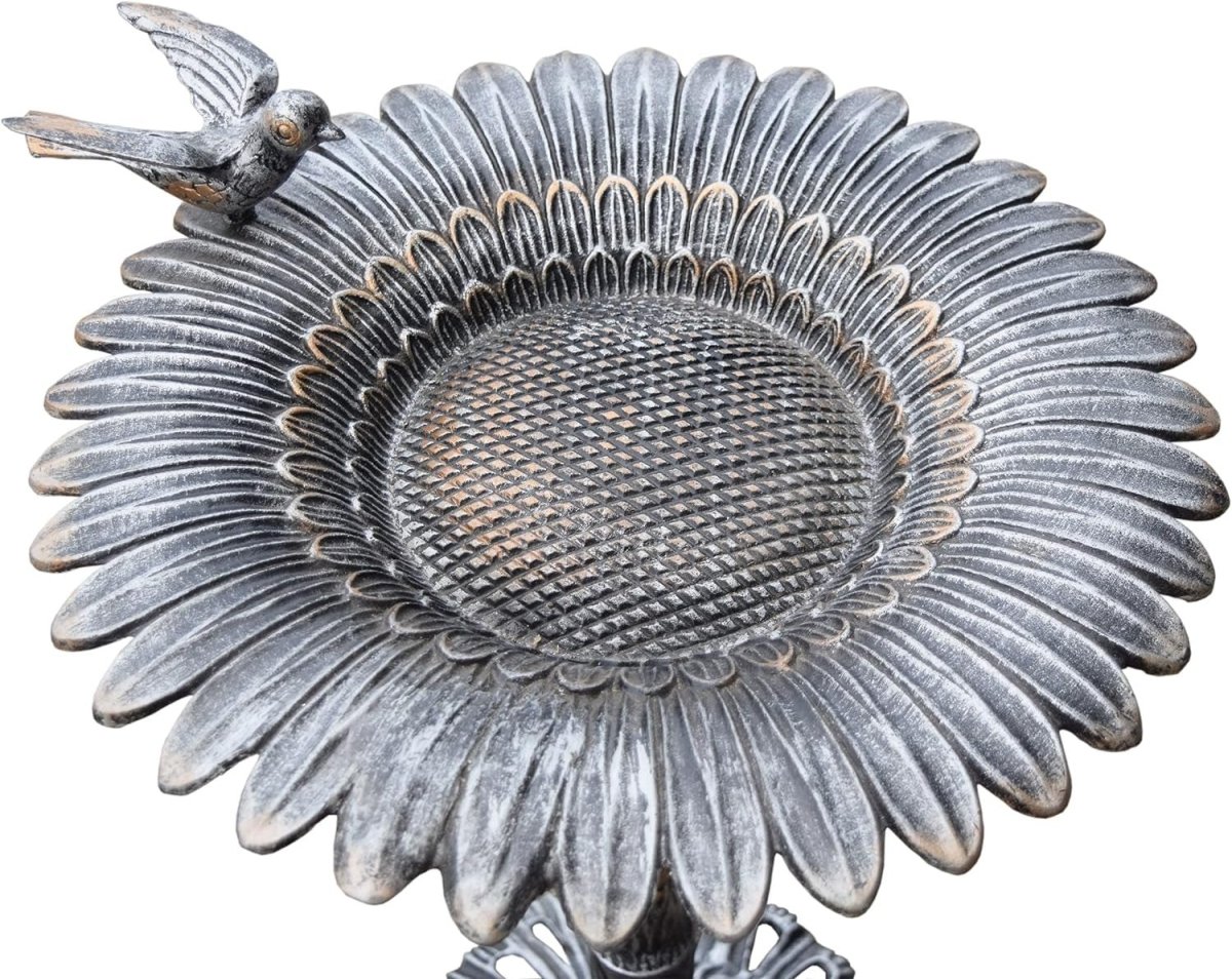 Antique Pewter Sunflower Design Aluminum Birdbath, Silver