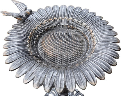 Antique Pewter Sunflower Design Aluminum Birdbath, Silver