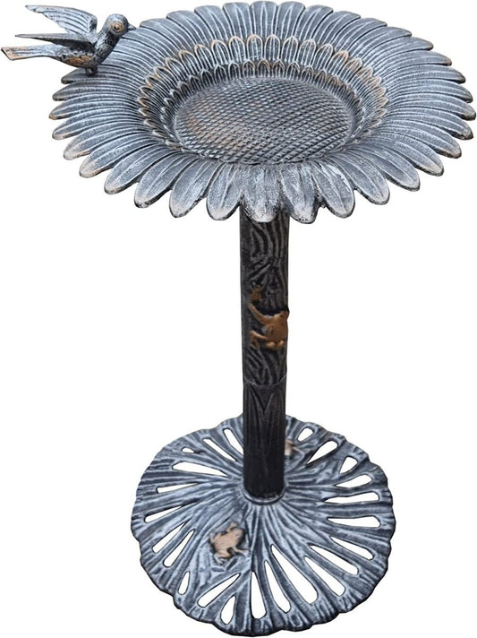 Antique Pewter Sunflower Design Aluminum Birdbath, Silver