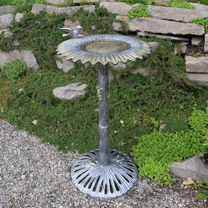 Antique Pewter Sunflower Design Aluminum Birdbath, Silver