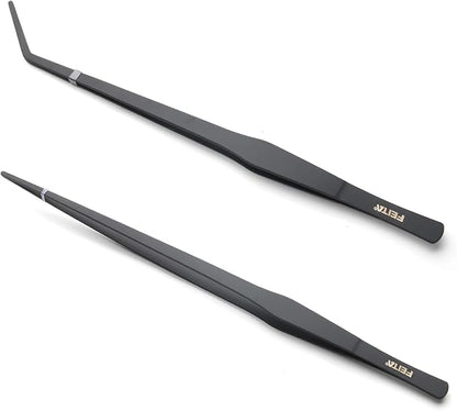 Aquarium Tweezers Extra Long 15 inches Feed Tong Clamps - FEITA Straight and Curved Stainless Steel 38cm Tweezers Set for Fish Tank Plants Aquascape Tools & Reptile Feeding Tongs - Black 2Pcs