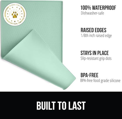 GORILLA GRIP 100% Waterproof Raised Edge BPA Free Silicone Pet Feeding Mat, Dog Cat Food Mats Contain Spills Protects Floors, Placemats for Cats and Dogs Water Bowl, Pets Accessories 28x18 Mint