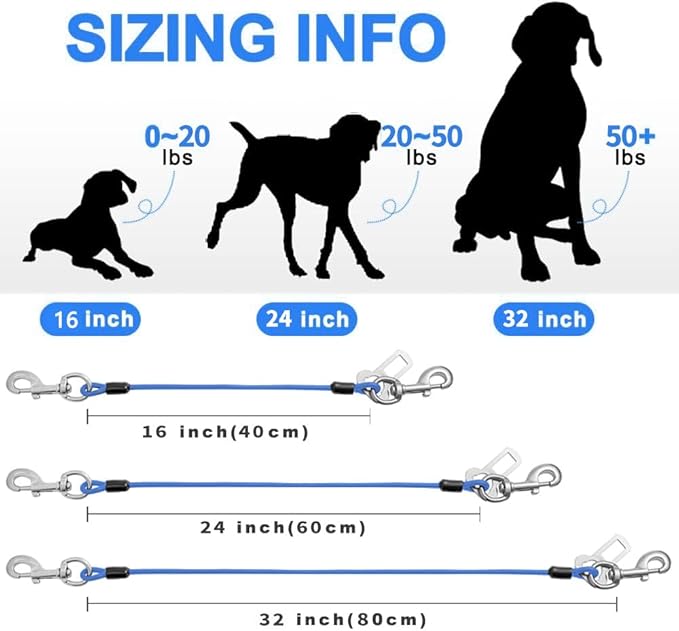 Dog Seat Belt Harness for Car,Dog Seatbelt of Coated Wire Leash Safety Restraint,No Chew Tether Cable Vehicle,Double Clips & Latch(Blue, 16 inch/40 CM)