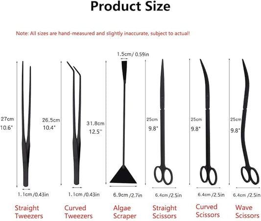7-in-1 Aquascaping Tools Kit for Aquarium & Terrarium - Stainless Steel Long Tweezers, Curved Scissors, Algae Scraper, Feeding Tongs - Live Plant Trimming & Tank Cleaning Accessories