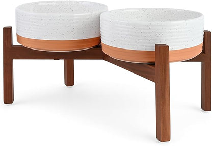 SPUNKYJUNKY Ceramic Elevated Dog Bowl Set with Acacia Wood Stand for Food and Water for Medium Dog (42.27 OZ, White and Reddish Brown)