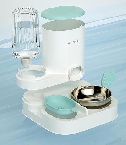 Automatic Cat Feeder & Water Dispenser - Dual Container for Dry/Wet Food, Two-in-One Upgraded Gravity Feeder and Water Dispenser Combo Set for Cats and Dogs.(Green)