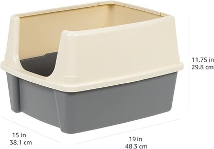 Amazon Basics Large Cat Litter Box with High Sides, Open Top, Includes Scoop, 19 x 15 x 11.75 inches, Grey/Beige