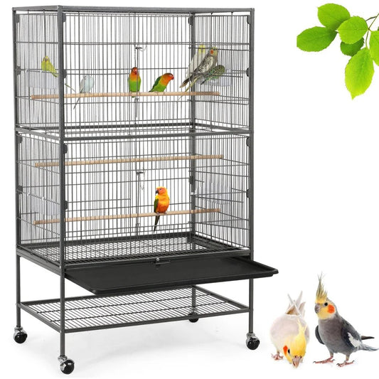 52''H Metal Rolling Bird Cage with 3 Perches & 4 Feeders & Extra Storage Shelf, Black