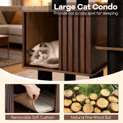 53.5 inch Tall Cat Tree for Indoor Cat Wooden Cat Tower Top Perch with Soft Padding-Brown