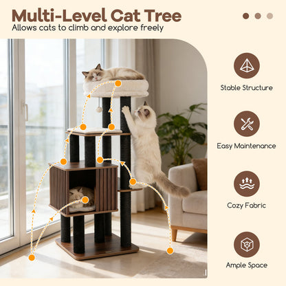 53.5 inch Tall Cat Tree for Indoor Cat Wooden Cat Tower Top Perch with Soft Padding-Brown
