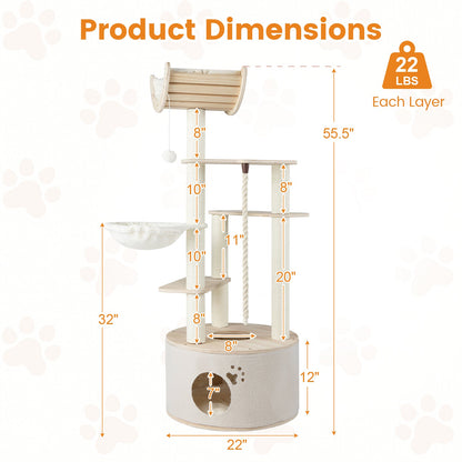 55.5 Inches Tall Wooden Cat Tree with Washable Plush Cushions for Indoor Cats