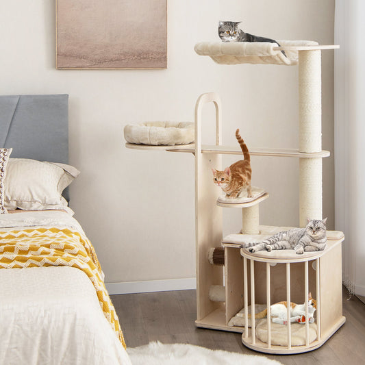 55 Inch Tall Multi-Level Cat Tree with Washable Removable Cushions-Natural