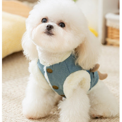 Autumn And Winter Korean-style Dog Pocket Three-dimensional Bear, Denim Towing Vest, Cat Cotton Coat, Warm Pet Dog Clothes