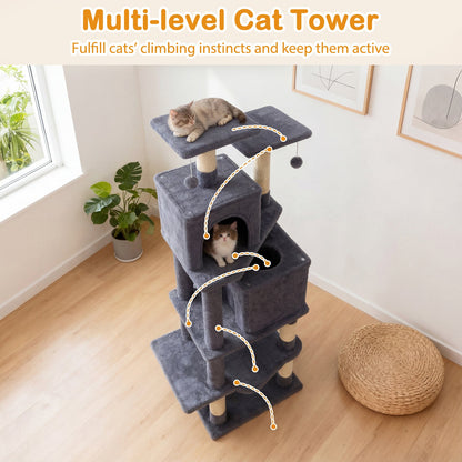 57 Inch Cat Tree with Dual Condos and Hammock and 2 Dangling Balls