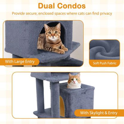 57 Inch Cat Tree with Dual Condos and Hammock and 2 Dangling Balls