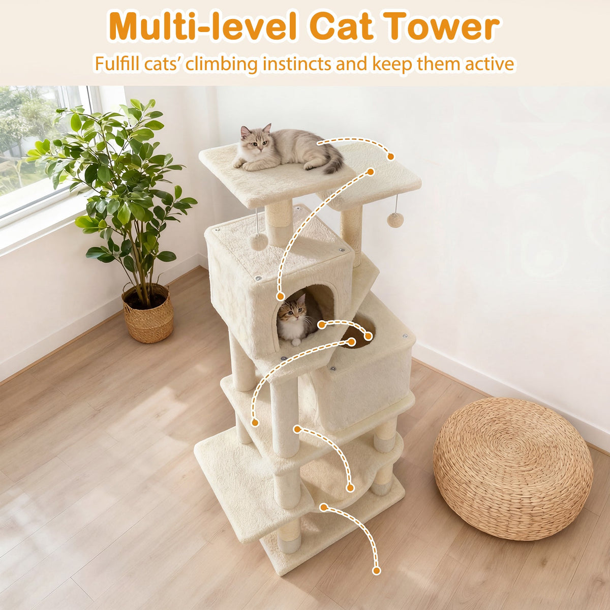 57 Inch Cat Tree with Dual Condos and Hammock and 2 Dangling Balls
