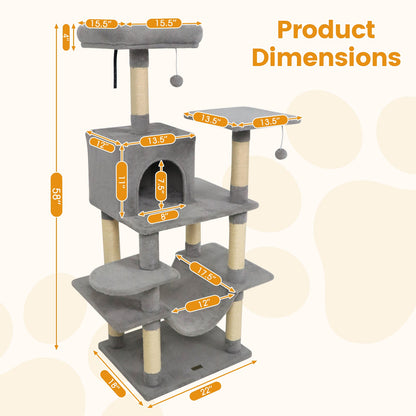 58" Multi-Level Cat Tree Soft Plush Cat Tower with Padded Top Perch