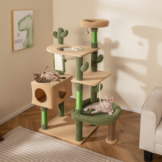 59 Inch Multilevel Cactus Cat Tree with Scratching Posts Cando Toy and Rope-Green