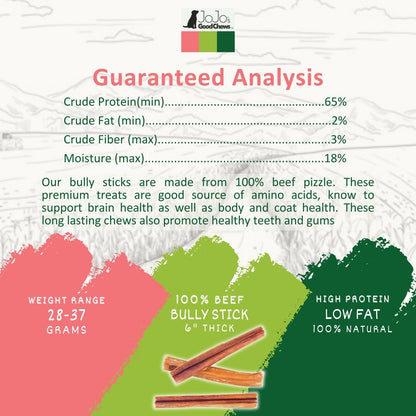 All-Natural Beef Bully Stick Dog Treats, High Protein & Long-Lasting Chews – 6-Inch Thick (3-Pack)