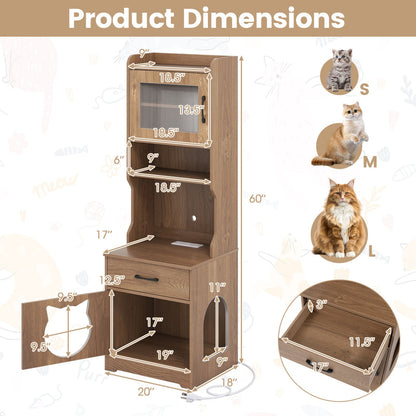 Cat Litter Box Enclosure with LED Light & Charging Station