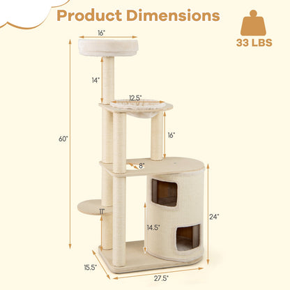 60 Inches Tall Cat Tree with 2-Story Condo and Sisal Scratching Posts-Natural