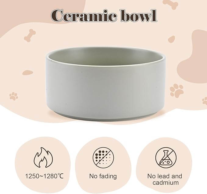 SPUNKYJUNKY Raised Ceramic Dog Bowls Set with Non-Slip Acacia Wood Stand for Medium Sized Dog(42.27 OZ, Gray)