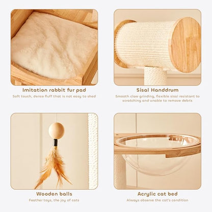 Wood Cat Tree for Indoor Cats, Modern Cat Tower, Unique Cat Condo with House, Tall Luxury Furniture with Heavy Duty Wide Base, Kraft Paper Rope Scratching Post, Removable Cushion (74.8-inch)