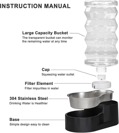 Sfozstra Lagre Gravity Dispenser for Dogs: 8L Black Automatic Stainless Steel Water Bowl Waterer - Great for Family Homes and Outdoor Activities