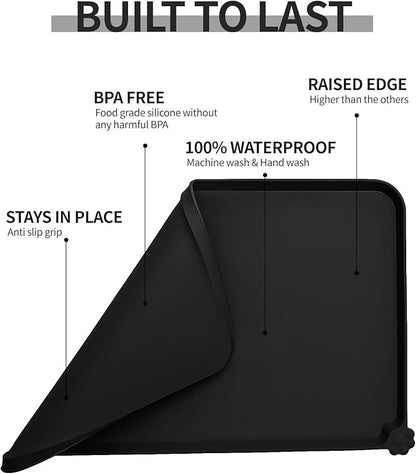 Waterproof Pet Feeding Mat with High Raised Edges, Heavier and Thicker Placemats for Cat Dog Water Bowl with BPA Free, Dogs Cats Food Mats for Messy Drinkers to Prevent Spill and Protect Floors