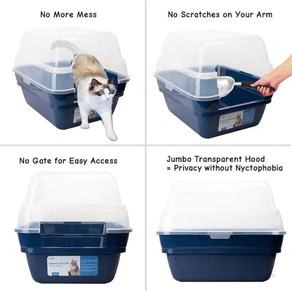 Petfamily Cat Litter Box, Large Foldable Jumbo Hooded Cat Litter Box with Transparent Lid (Navy Blue)