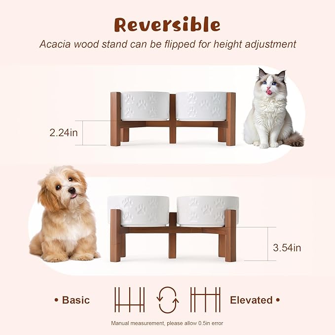 SPUNKYJUNKY Ceramic Elevated Dog Bowl Set with Acacia Wood Stand for Food and Water for Small Medium Sized Dogs (28.74 OZ, White, Dog Paw Pattern)