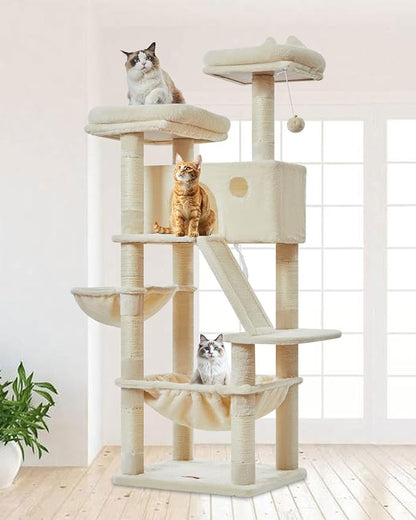 Taoqimiao Cat Tree 57.5-Inch, Cat Tower for Indoor Cats Large Adult, Extra Large Cat Condo, 8 Sisal Scratching Posts, Metal Frame Cozy Hammock, Durable Scratch Board, 2 Top Perches, Beige MS026M