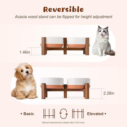 SPUNKYJUNKY Ceramic Elevated Dog Bowl Set with Acacia Wood Stand for Food and Water for Cat and Small Dog (13.52 OZ, White and Reddish Brown)